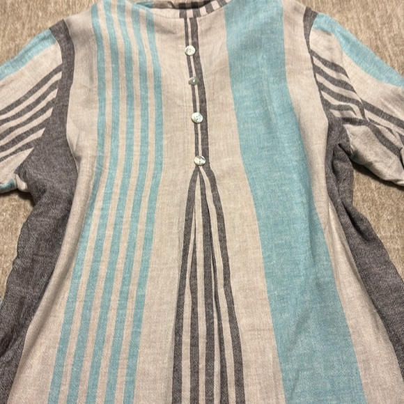 XL 100% Linen Tunic button up striped LONG shell buttons long sleeve Beachy - Picture 6 of 8